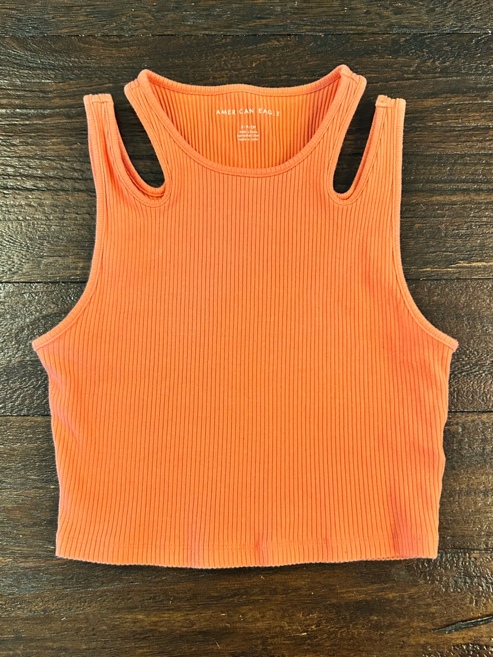 American Eagle Ribbed High Neck Cropped Tank Top in Vibrant Orange - Size Small